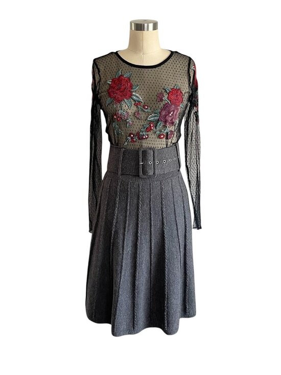 Lapis Gray Pin Pleat Knit Swing Skirt - M - Picture 1 of 7